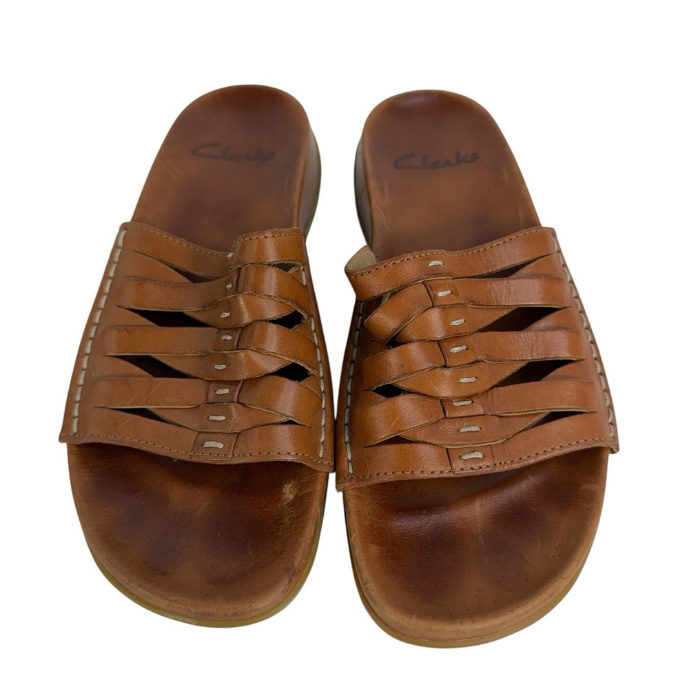 Clarks Women's 6 Sandals Brown Woven Leather‎ Slide Slip On Comfort Open Toe